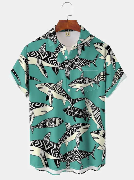 Moisture-wicking Abstract Art Shark Chest Pocket Hawaiian Shirt