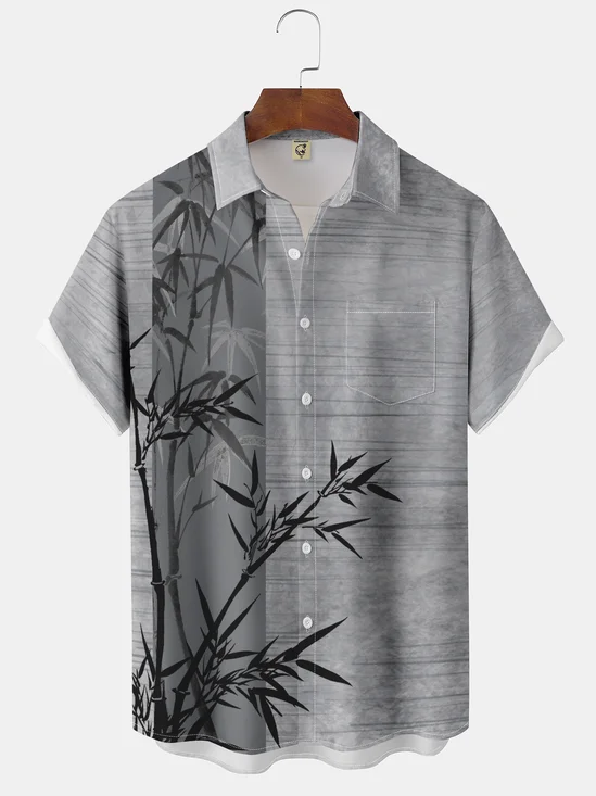 Moisture-wicking Ink Bamboo Painting Chest Pocket Bowling Shirt