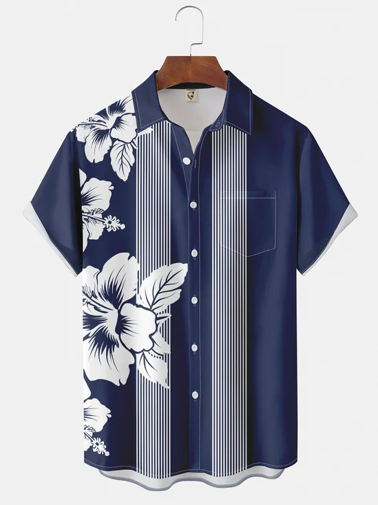 Moisture-wicking Artistic Floral Chest Pocket Bowling Shirt
