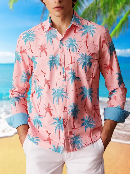 Moisture Wicking Coconut Palm Contrast Stitching Hawaiian Shirt