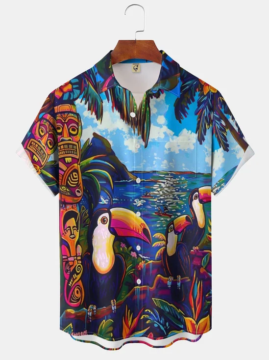 Moisture-wicking Toucan And TIKI Chest Pocket Hawaiian Shirt