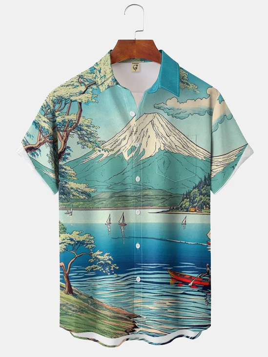 Moisture-wicking Snow Mountain Landscape Chest Pocket Hawaiian Shirt