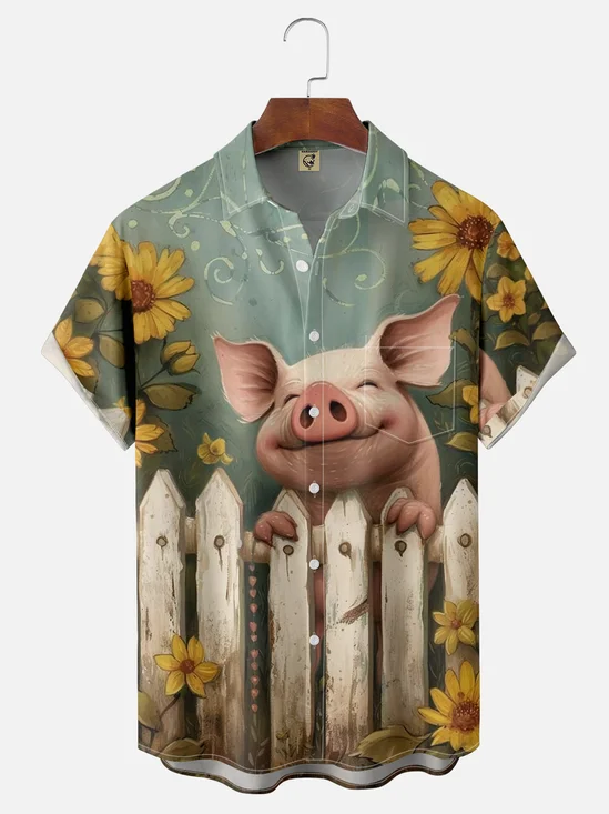 Moisture-wicking Art Pig Illustration Chest Pocket Hawaiian Shirt