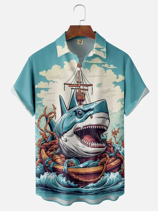 Moisture-wicking Shark Illustration Chest Pocket Hawaiian Shirt