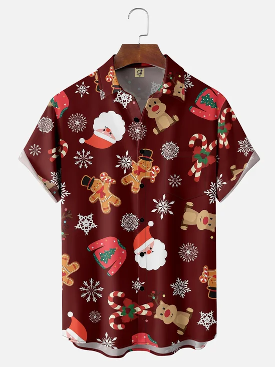 Moisture-wicking Santa and Gingerbread Chest Pocket Hawaiian Shirt