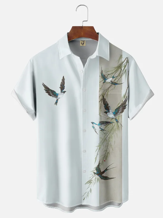 Moisture-wicking Bird and Flower Art Painting Chest Pocket Bowling Shirt