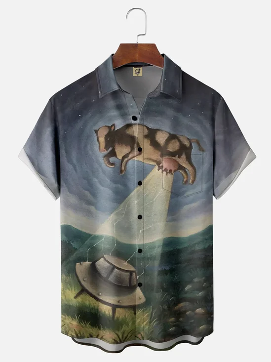 Moisture-wicking Flying Cow Chest Pocket Hawaiian Shirt