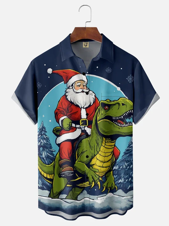 Moisture-wicking Santa Claus Riding A Dinosaur Chest Pocket Hawaiian Shirt