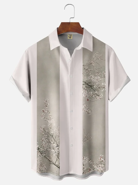 Moisture-wicking Plum Blossom Art Painting Chest Pocket Bowling Shirt