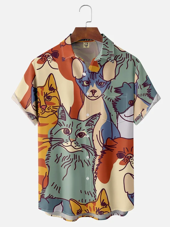 Moisture-wicking Kitten Art Illustration Chest Pocket Hawaiian Shirt