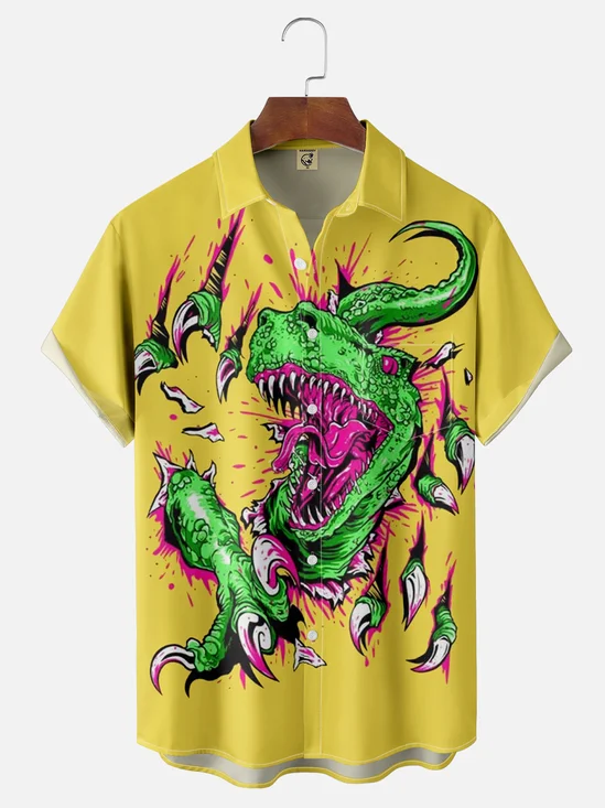 Moisture-wicking Dinosaur Illustration Chest Pocket Hawaiian Shirt