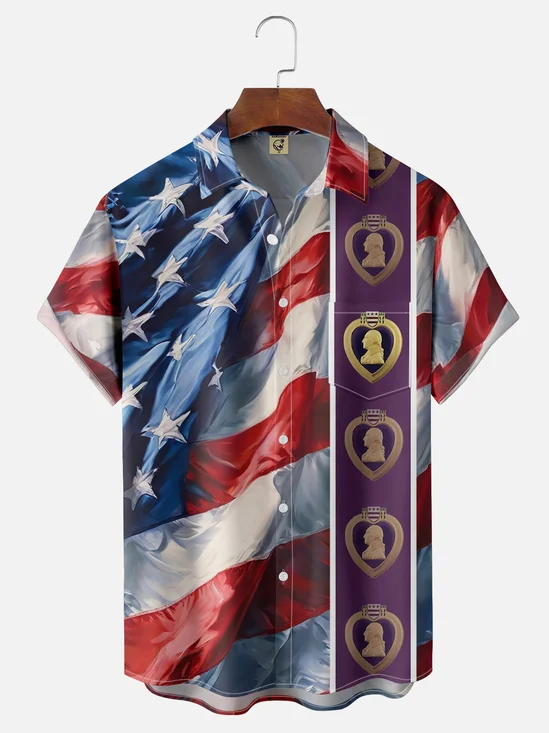 Moisture-wicking American Flag and Purple Heart Chest Pocket Hawaiian Shirt