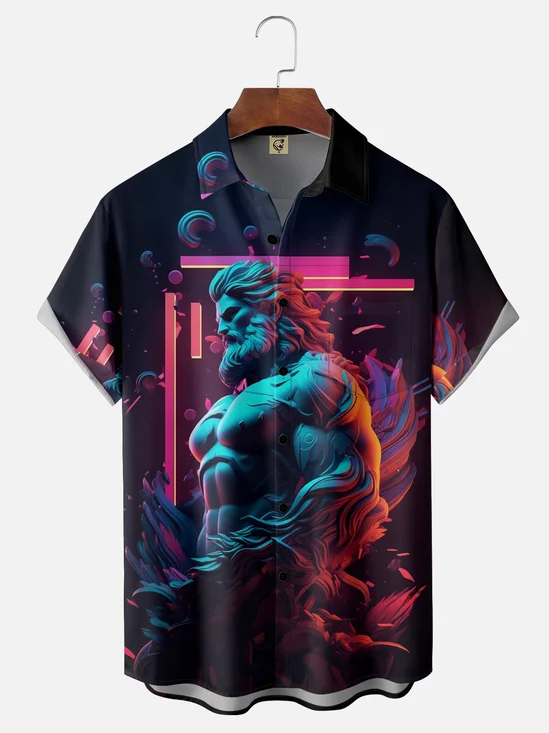 Moisture-wicking Art Poseidon Painting Chest Pocket Hawaiian Shirt