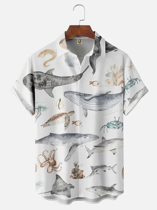 Moisture-wicking Sea Life Watercolor Chest Pocket Hawaiian Shirt