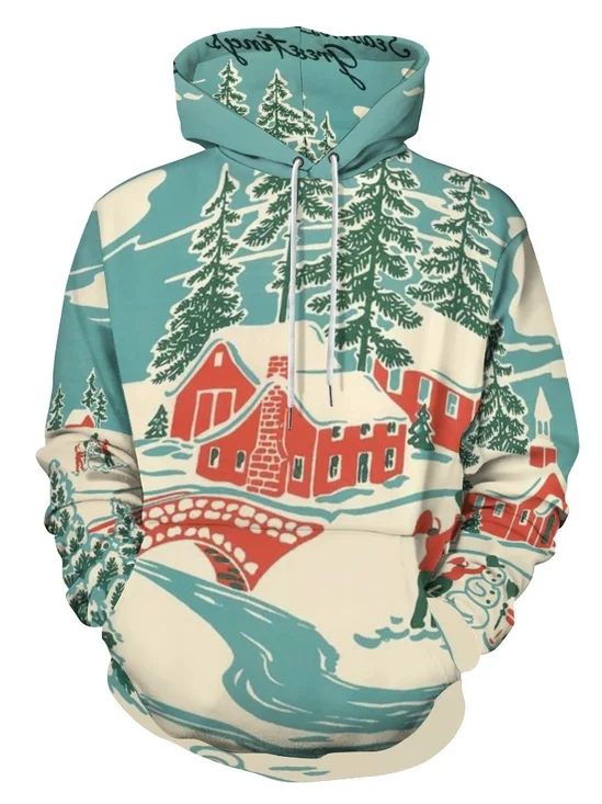 Moisture-wicking Christmas Country Illustration Hooded Long Sleeve Sweatshirt