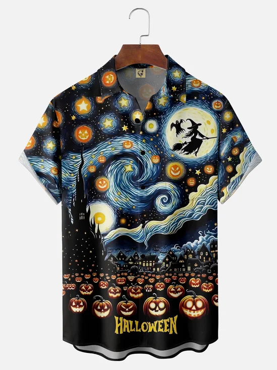 Moisture-wicking Starry Sky Halloween Witch Chest Pocket Casual Shirt