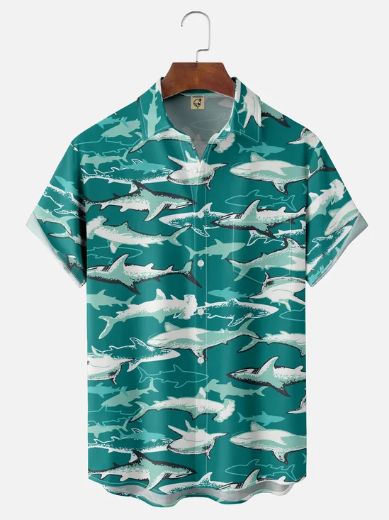 Moisture-wicking Shark Chest Pocket Hawaiian Shirt