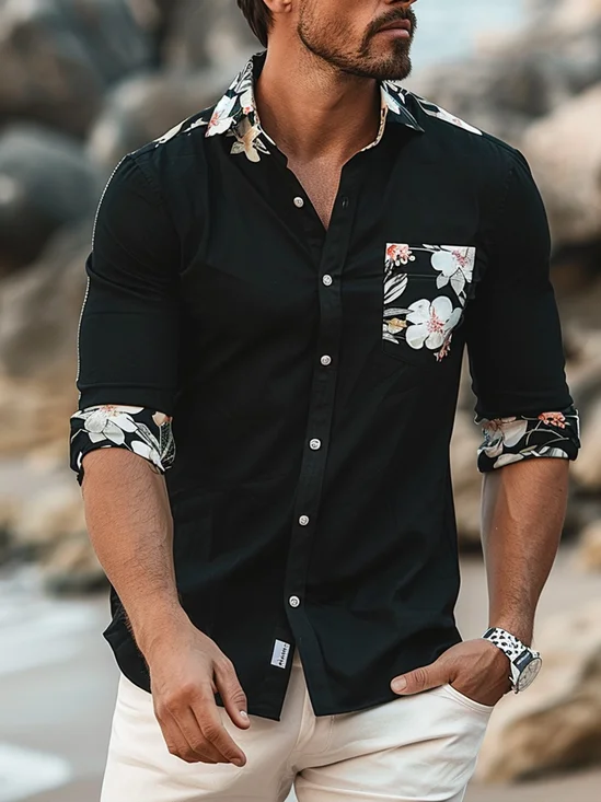 Cotton Plain Contrast Color Stitching Floral Casual Shirt