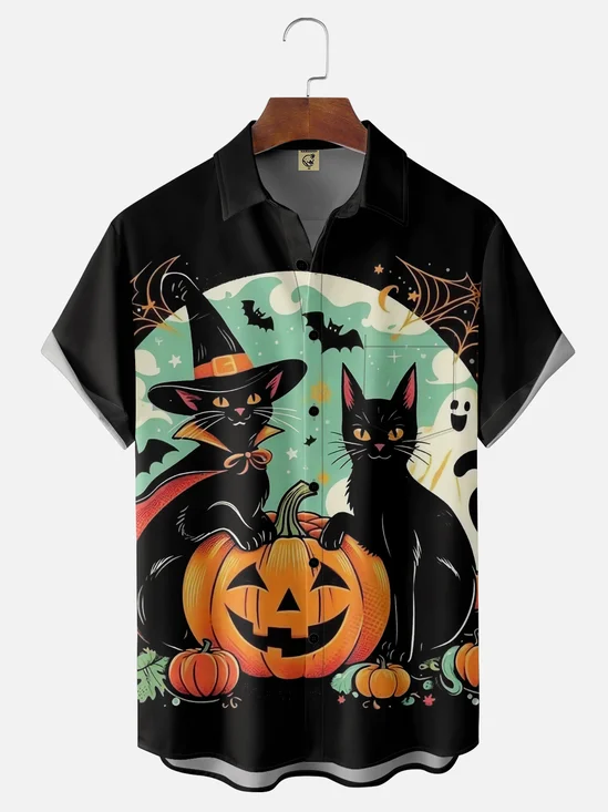 Moisture-wicking Halloween Black Cat Chest Pocket Hawaiian Shirt