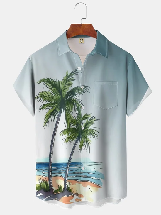 Moisture-wicking Palm Tree Chest Pocket Hawaiian Shirt