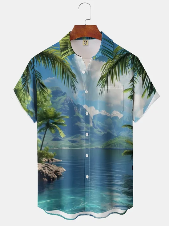 Moisture-wicking Art Nature Scenery Chest Pocket Hawaiian Shirt