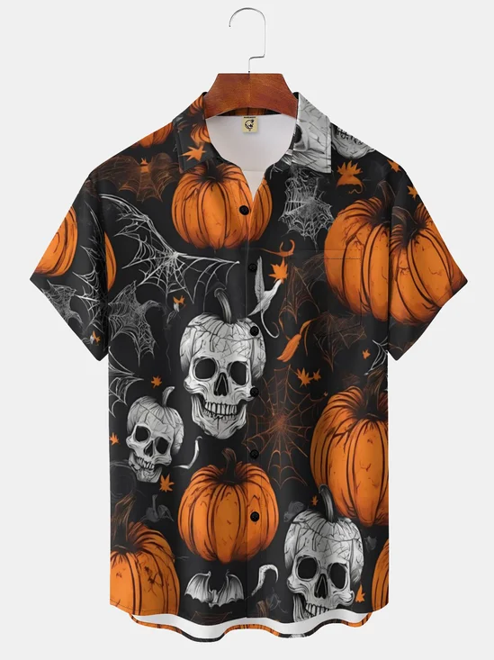 Moisture-wicking Pumpkin and Skull Illustration Chest Pocket Hawaiian Shirt