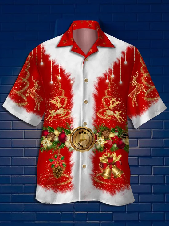 Tall Size Moisture-wicking Santa Outfit Print Chest Pocket Hawaiian Shirt