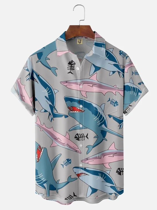 Moisture-wicking Funny Shark Illustration Chest Pocket Hawaiian Shirt