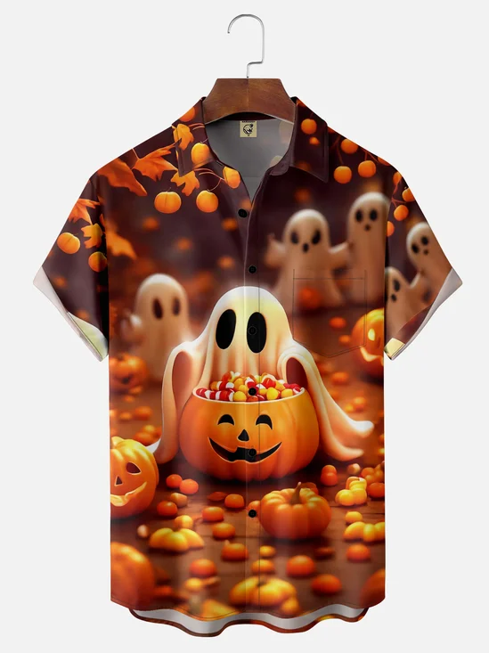 Moisture-wicking Halloween Pumpkin Ghost Chest Pocket Casual Shirt