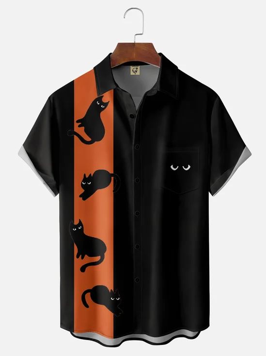 Moisture-wicking Funny Black Cat Chest Pocket Bowling Shirt