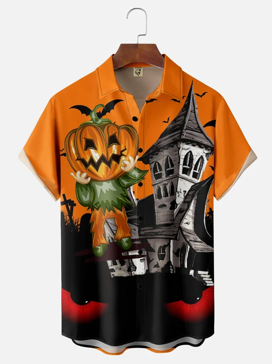 Moisture Wicking Halloween Ghost Pumpkin Chest Pocket Hawaiian Shirt