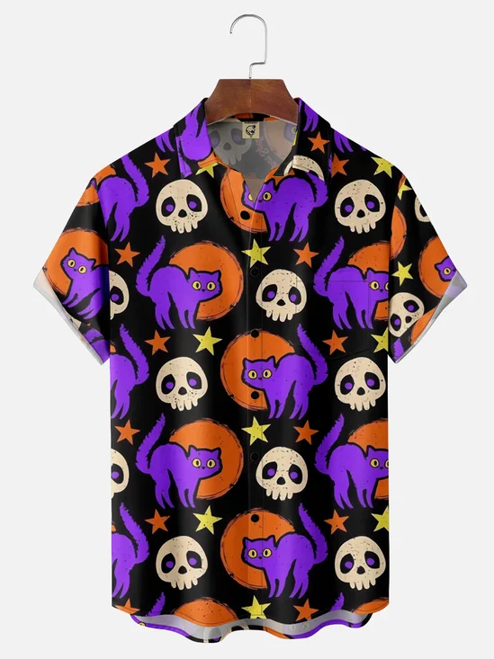 Moisture-wicking Halloween Purple Cat Chest Pocket Hawaiian Shirt