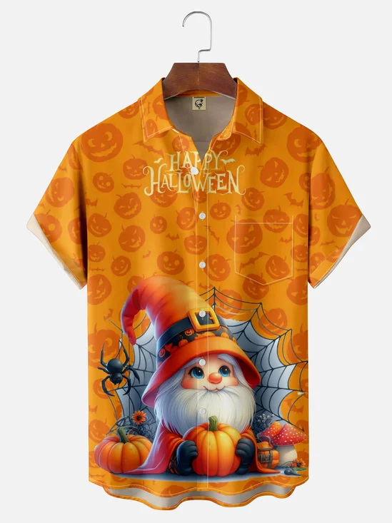 Moisture-wicking Halloween Pumpkin Gnomes Chest Pocket Casual Shirt