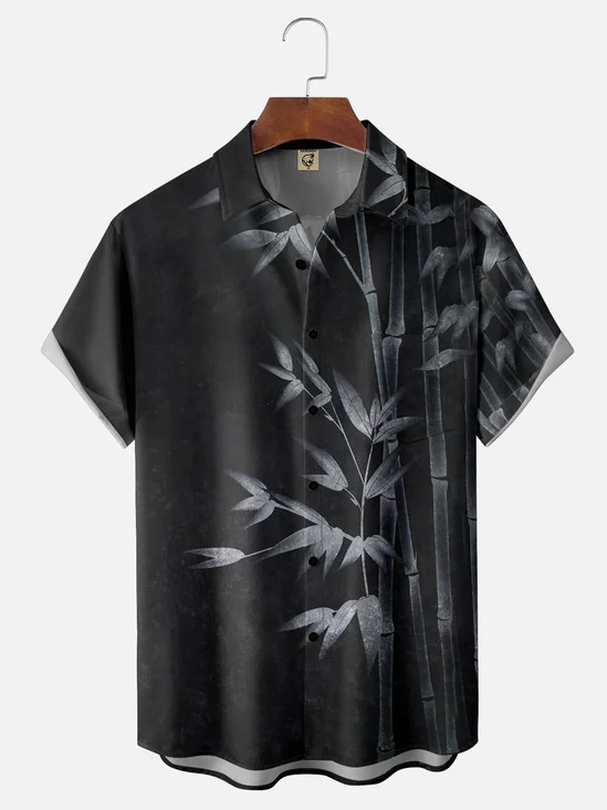 Moisture-wicking Art Ink Bamboo Leaves Chest Pocket Hawaiian Shirt