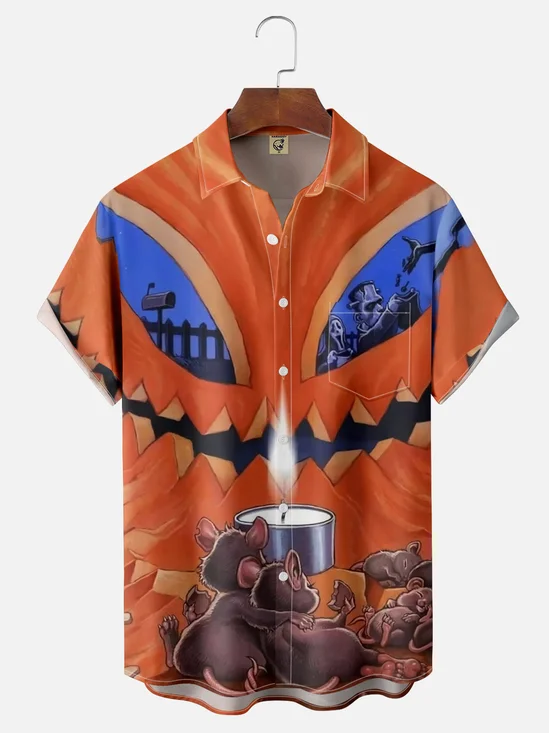 Moisture-wicking Halloween Mouse Hiding in Pumpkin Chest Pocket Bowling Shirt