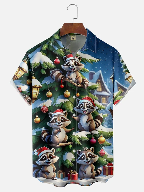 Moisture-wicking Christmas Raccoon Chest Pocket Casual Shirt