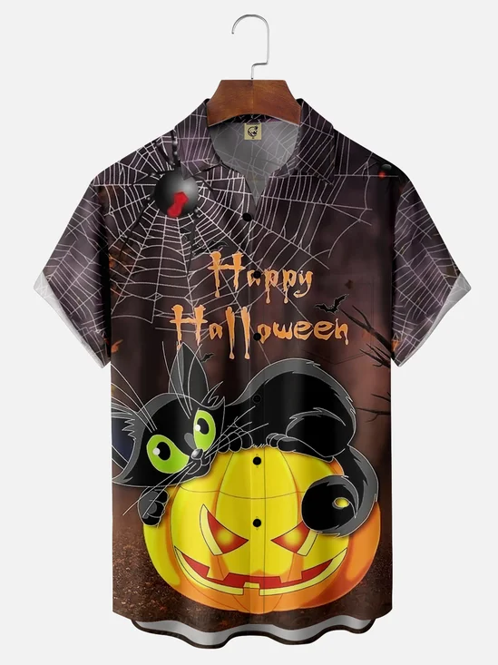 Moisture-wicking Halloween Cat Chest Pocket Casual Shirt