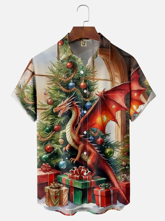 Moisture-wicking Christmas Dragon Chest Pocket Casual Shirt