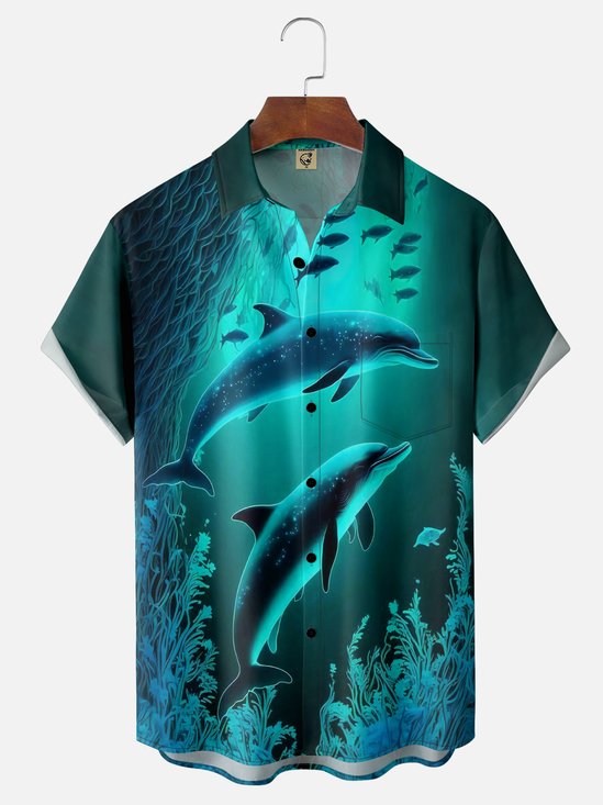 Moisture-wicking Ocean Dolphin Chest Pocket Hawaiian Shirt