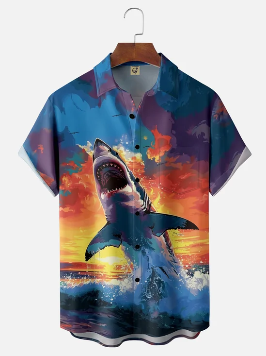 Moisture-wicking Shark Chest Pocket Hawaiian Shirt
