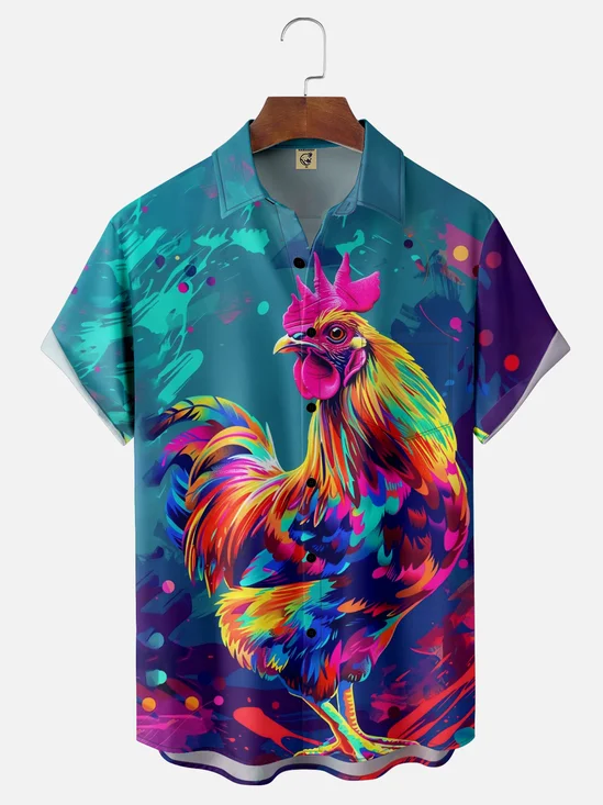 Moisture-wicking Rooster Chest Pocket Hawaiian Shirt