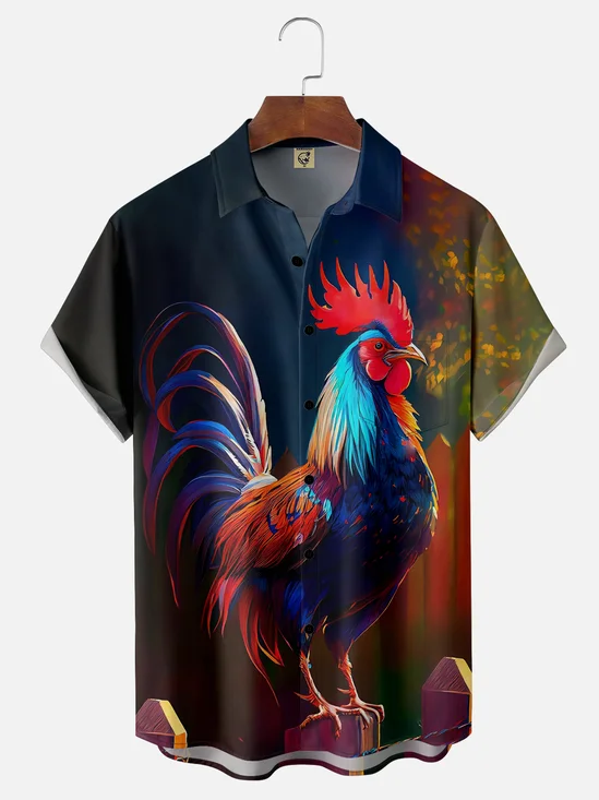 Moisture-wicking Rooster Chest Pocket Hawaiian Shirt