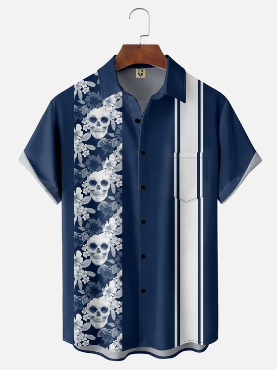 Hardaddy Flower Skull Chest Pocket Short Sleeve Bowling Shirt