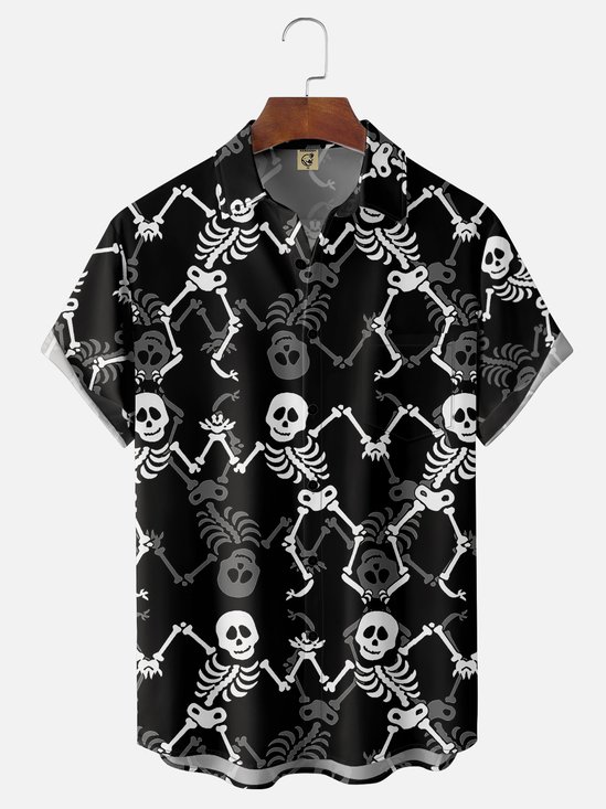 Men's Halloween Skull Print Short Sleeve Hawaiian Shirt with Chest Pocket