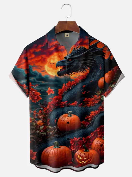 Moisture-wicking Dragon and Pumpkin Chest Pocket Hawaiian Shirt