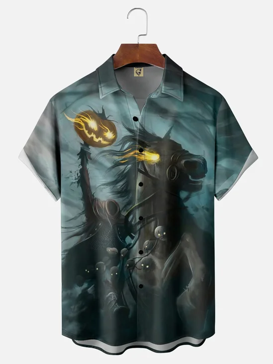 Moisture-wicking Headless Horseman Halloween Illustration Chest Pocket Hawaiian Shirt