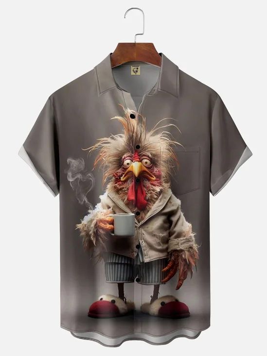 Moisture-wicking Coffee Drinking Chicken Chest Pocket Hawaiian Shirt