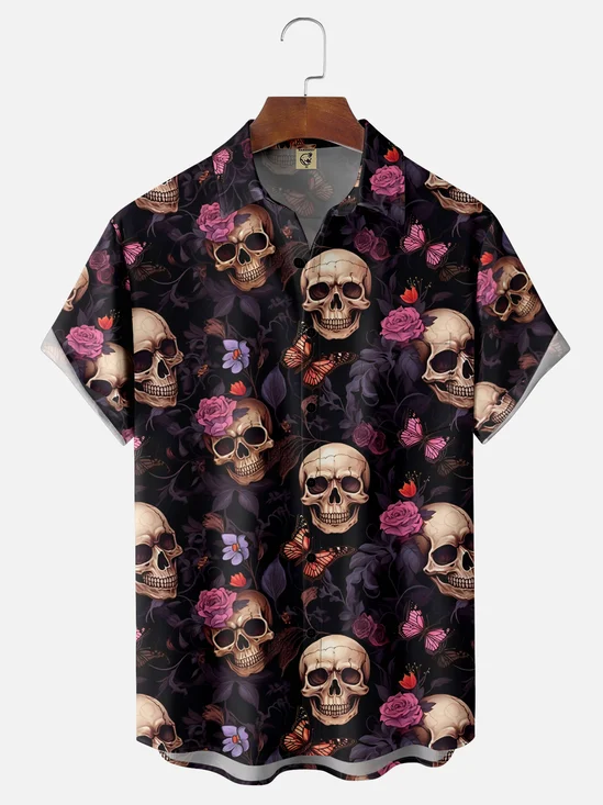 Moisture-wicking Skull Flower Sea Chest Pocket Hawaiian Shirt