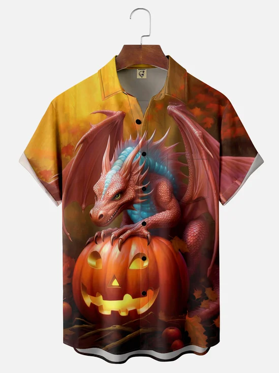 Moisture-wicking Pterosaur and Pumpkin Chest Pocket Hawaiian Shirt