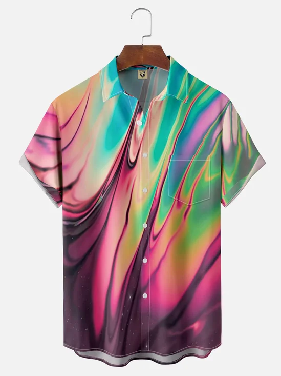 Moisture-wicking Abstract Aurora Art Chest Pocket Hawaiian Shirt